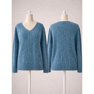 Croft & Barrow Womens XL Blue Marled Ribbed Chenille V-Neck Pullover Sweater